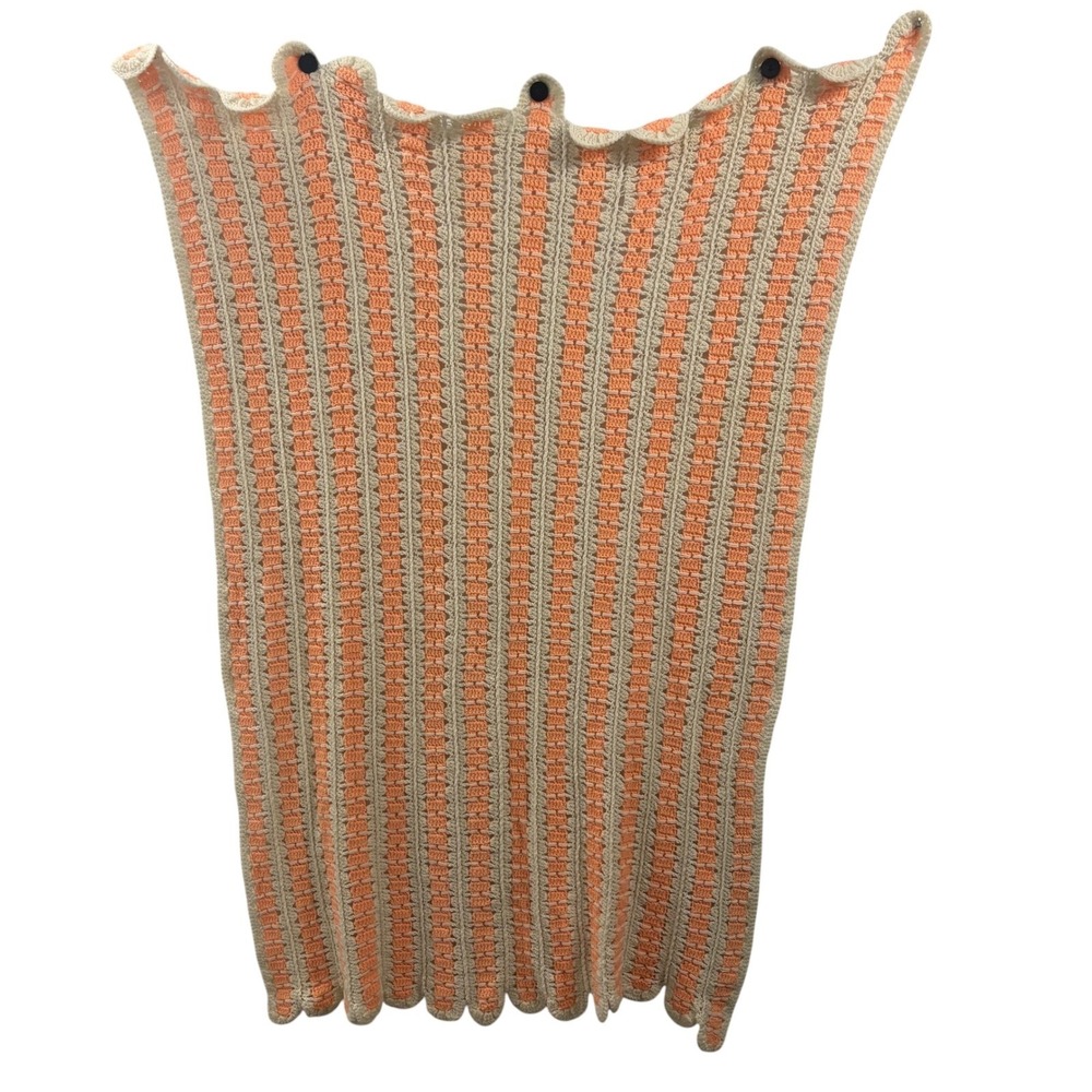 Handmade Crochet Throw Blanket Peach Cream Striped Scalloped Edge 68x44 Vintage